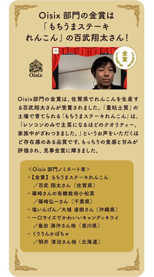 Oisix部門の金賞は 「もちうまステーキ  れんこん」の百武翔太さん！Oisix部門の金賞は、佐賀県でれんこんを生産する百武翔太さんが受賞されました。Oisix部門の金賞は、佐賀県でれんこんを生産する百武翔太さんが受賞されました。「重粘土質」の土壌で育てられる「もちうまステーキれんこん」は、「レンコンのみで主菜になるほどのクオリティー。家族中がざわつきました。」というお声をいただくほど存在感のある品質です。もっちりの食感と甘みが評価され、見事金賞に輝きました。＜Oisix部門ノミネート者＞・【金賞】もちうまステーキれんこん／百武 翔太さん（佐賀県）・篠崎さんの有機栽培小松菜　／篠崎弘一さん（千葉県）・塩いんげん／大城 直樹さん （沖縄県）・一口サイズでかわいいキャンディキウイ　／島田 満沖さん他（香川県）・くりりんかぼちゃ　／明井 清治さん他 （北海道）