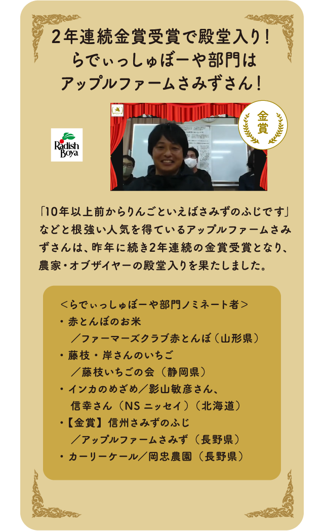 2年連続金賞受賞で殿堂入り！らでぃっしゅぼーや部門はアップルファームさみずさん！「10年以上前からりんごといえばさみずのふじです」などと根強い人気を得ているアップルファームさみずさんは、昨年に続き2年連続の金賞受賞となり、農家・オブザイヤーの殿堂入りを果たしました。＜らでぃっしゅぼーや部門ノミネート者＞・赤とんぼのお米　／ファーマーズクラブ赤とんぼ（山形県）・藤枝・岸さんのいちご　／藤枝いちごの会（静岡県）・インカのめざめ／影山敏彦さん、　信幸さん（NSニッセイ）（北海道）・【金賞】信州さみずのふじ　／アップルファームさみず（長野県）・カーリーケール／岡忠農園（長野県）