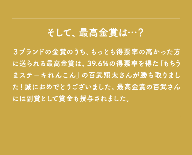 そして、最高金賞は…？３ブランドの金賞のうち、もっとも得票率の高かった方に送られる最高金賞は、39.6％の得票率を得た「もちうまステーキれんこん」の百武翔太さんが勝ち取りました！誠におめでとうございました。最高金賞の百武さんには副賞として賞金も授与されました。