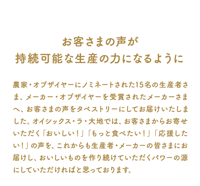 お客さまの声が持続可能な生産の力になるように農家・オブザイヤーにノミネートされた15名の生産者さま、メーカー・オブザイヤーを受賞されたメーカーさまへ、お客さまの声をタペストリーにしてお届けいたしました。オイシックス・ラ・大地では、お客さまからお寄せいただく「おいしい！」「もっと食べたい！」「応援したい！」の声を、これからも生産者・メーカーの皆さまにお届けし、おいしいものを作り続けていただくパワーの源にしていただければと思っております。